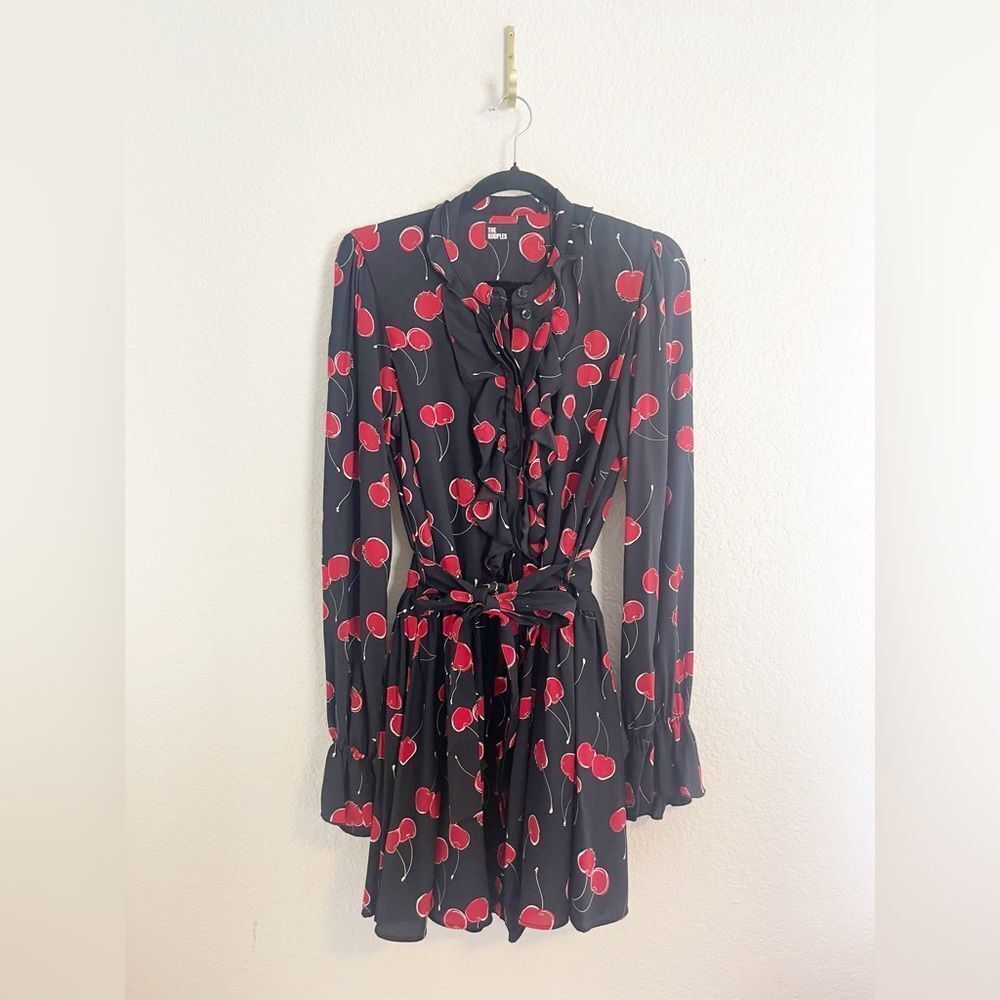 The Kooples red Cherry Print Black Mini Dress with ruffles Dark Romance NWT - Picture 4 of 13